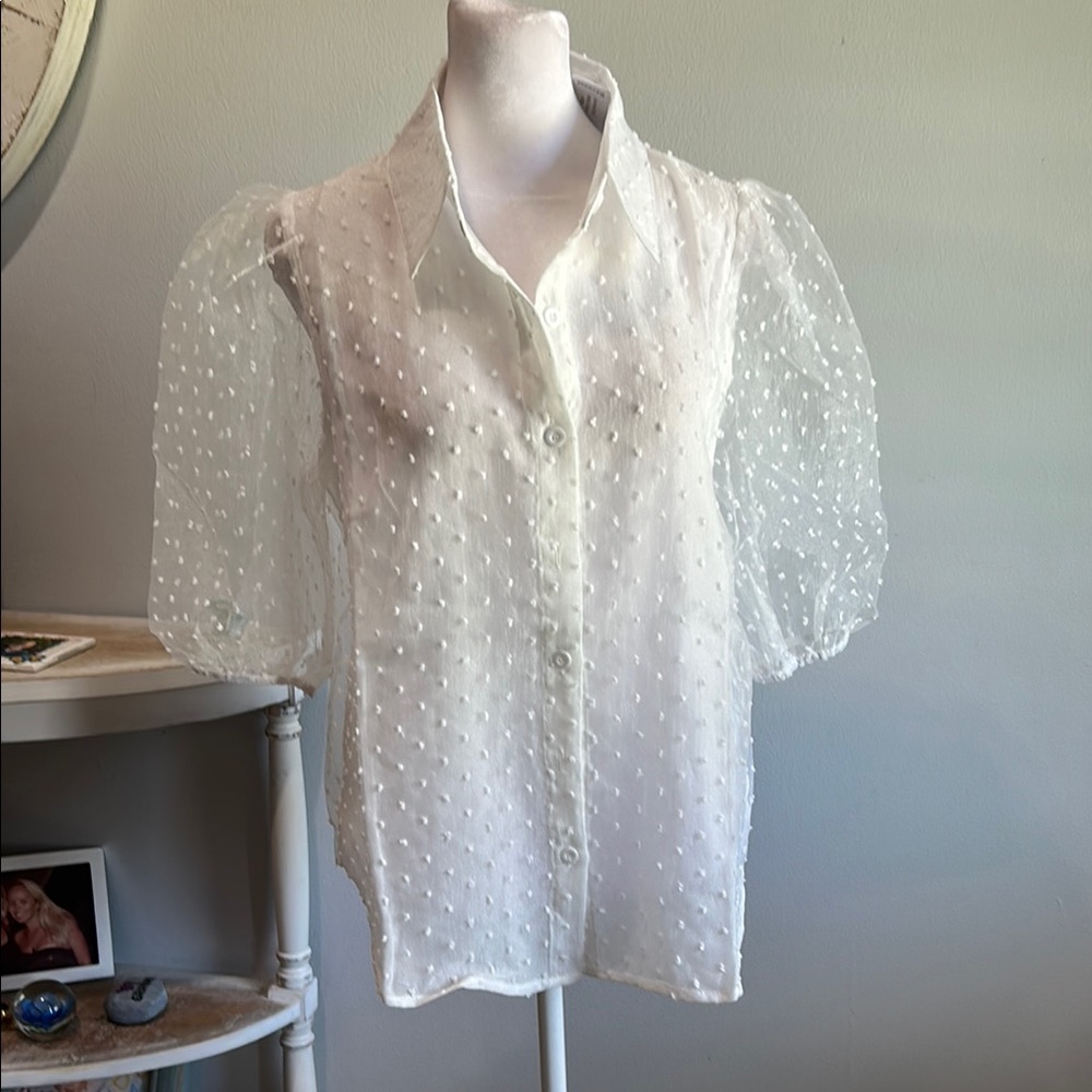 [Rêveuse] Elegant White Swiss Dot Button Down Blouse - Size Small NWT